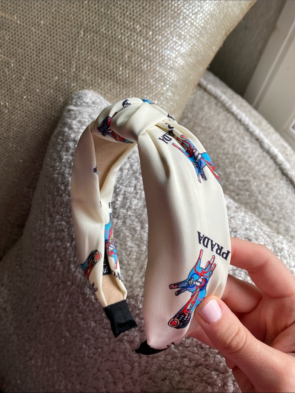Cream Knotted Headband with Blue and Red Print